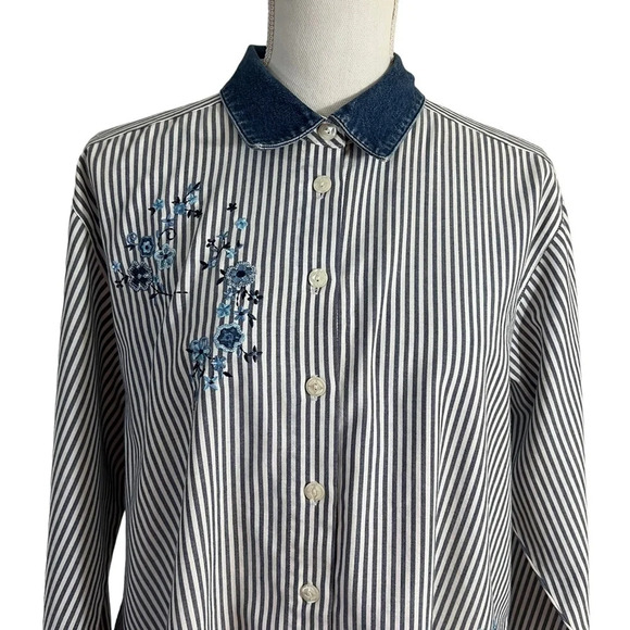Napa Valley Striped Flower Embroidered Button Up Shirt Denim Collar Petite Large - Picture 7 of 10